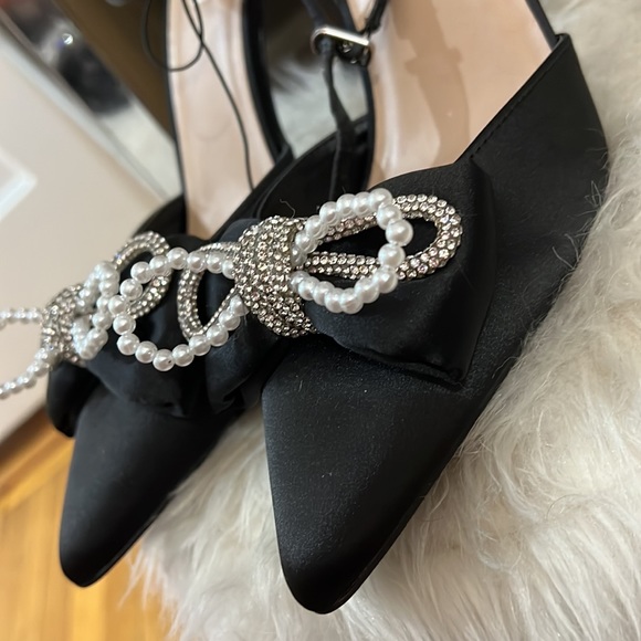 Size 10 BNWT DRESS BLACK BOWTIE RHINESTONE PEARL HEELS - Picture 8 of 11